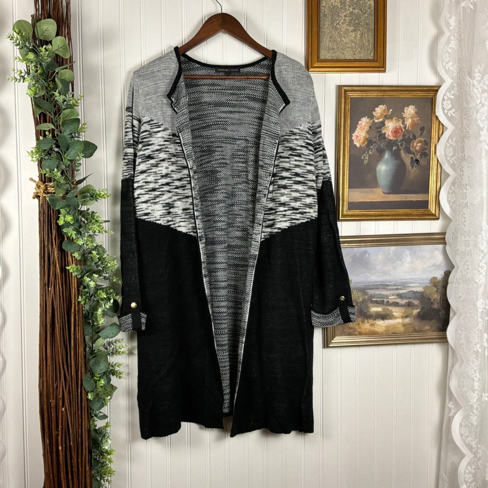 Adrienne Vittadini Cardigan Womens XL Black Gray Excellent Colorblock Knit
